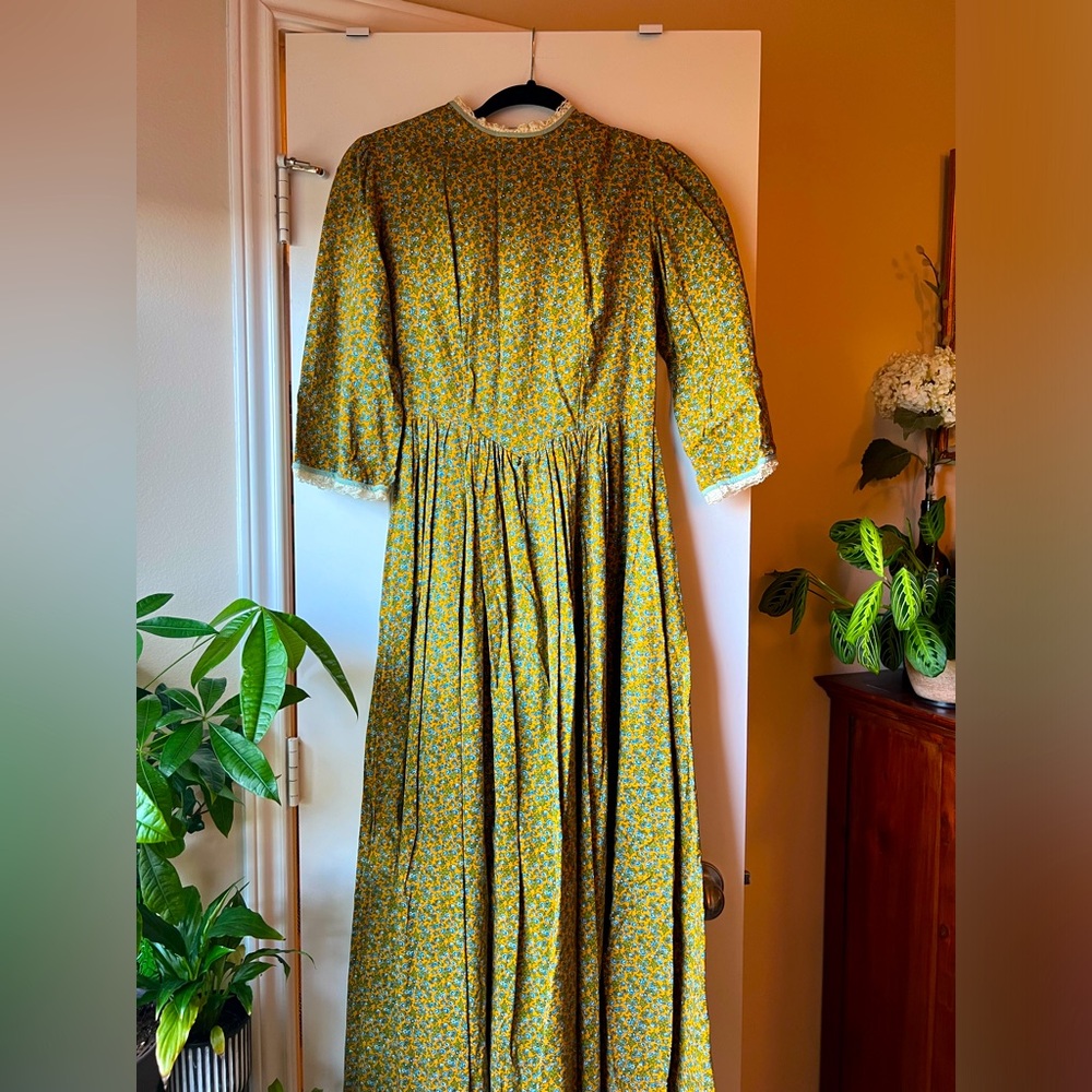 Vintage Handmade 70s style Yellow and Blue Floral Prairie Dress, Size XS